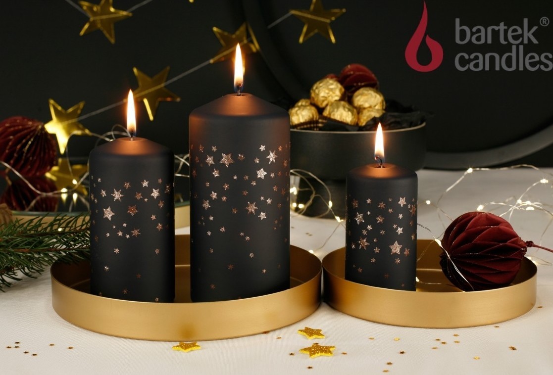Свеча-колонна BARTEK Зимние звезды, черный, 5*10 см
